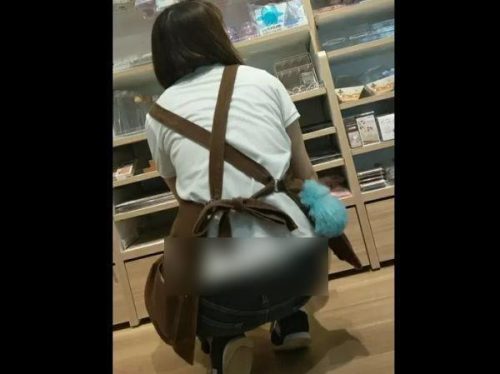 【盗撮】しゃがみ込んで作業中のセリアの女性店員さんが腰パンでパンチラしてるので無断撮影！のトップ画像